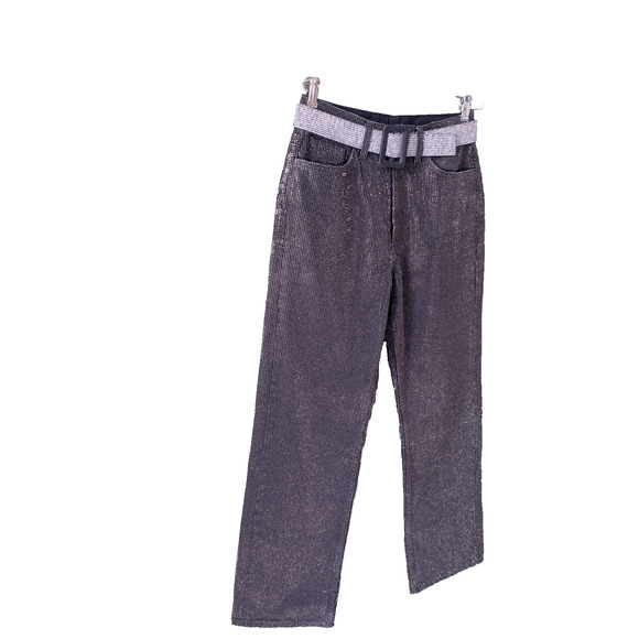 Zara Pants Womens 2 Straight Cut Rhinestone Jeans Black Festival Going Out NYE - Picture 4 of 13